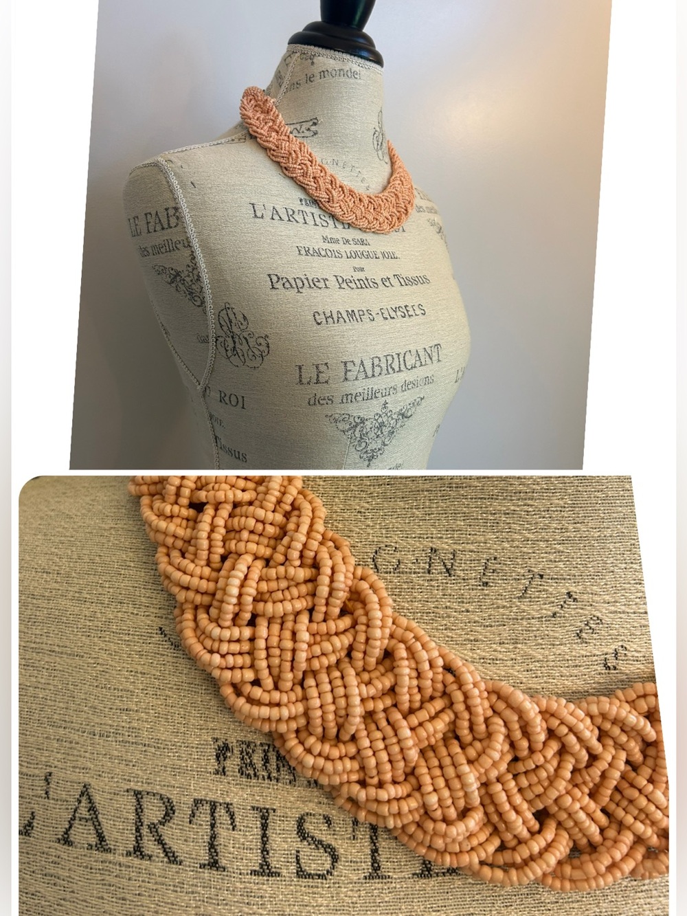 Vintage Braided Bead Necklace Peach Thick Beads